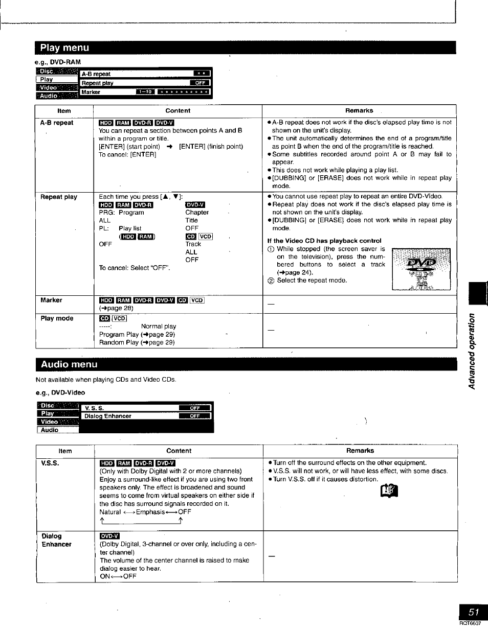 Play menu, Audio menu | Panasonic DMR-T3040 User Manual | Page 51 / 72