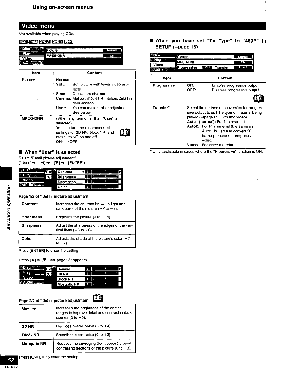 Video menu, When “user” is selected | Panasonic DMR-T3040 User Manual | Page 52 / 72