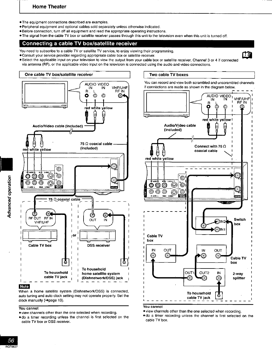 Connecting a cable tv box/satellite receiver, One cable tv box/satellite receiver, Two cable tv boxes | Home theater, О ® © ©◄ч | Panasonic DMR-T3040 User Manual | Page 56 / 72