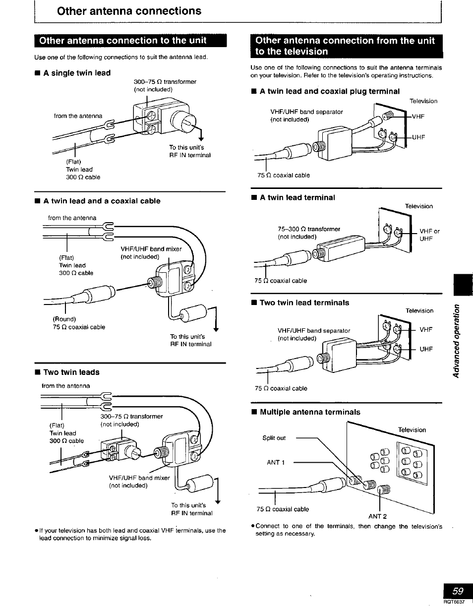 Other antenna connections, Other antenna connection to the unit, A single twin lead | A twin lead and a coaxial cable, I two twin leads, A twin lead and coaxial plug terminal, A twin lead terminal, Two twin lead terminals, Multiple antenna terminals | Panasonic DMR-T3040 User Manual | Page 59 / 72