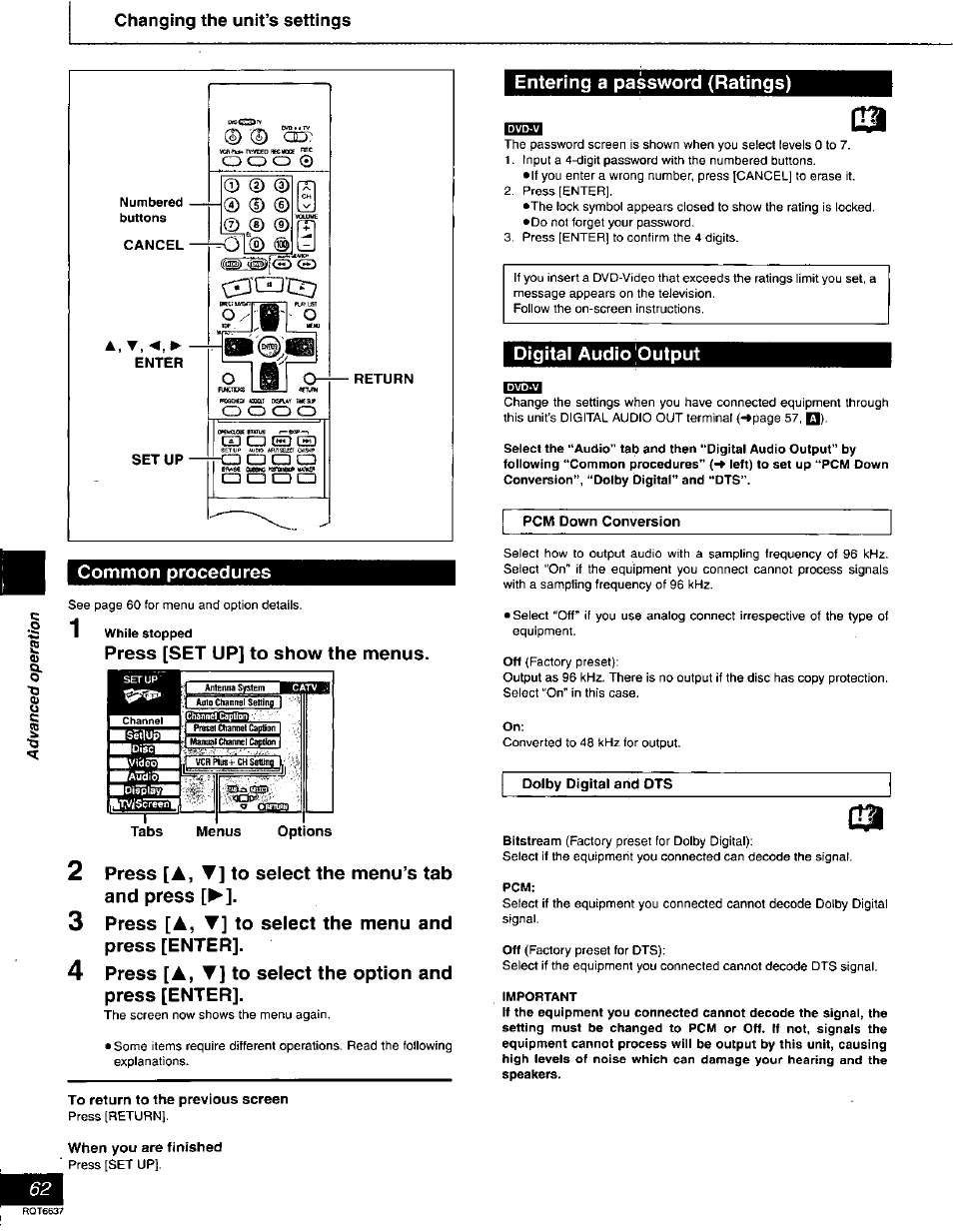 Changing the unit’s settings, Cancel, Setup | Return, Connmon procedures, Press [set up] to show the nrienus, Tabs menus options, Press [a, ▼] to select the menu’s tab and press, Press [a, t] to select the menu and press [enter, Press [a, ▼] to select the option and press [enter | Panasonic DMR-T3040 User Manual | Page 62 / 72