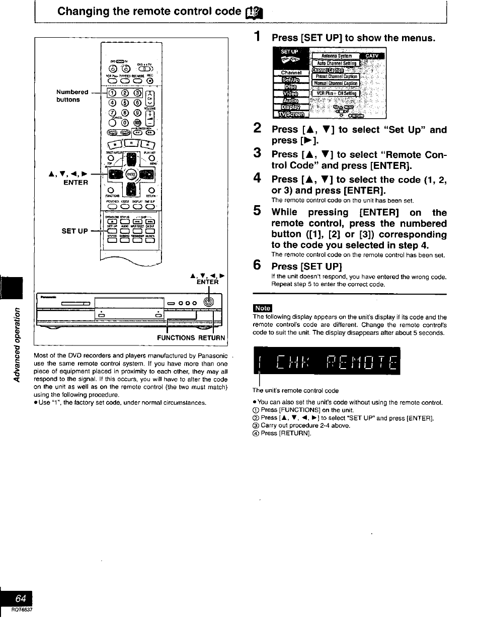 Changing the remote control code, A, t | Panasonic DMR-T3040 User Manual | Page 64 / 72