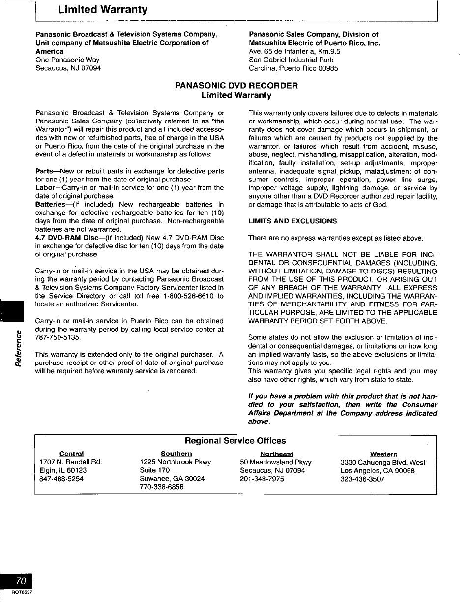 Limited warranty, Panasonic dvd recorder limited warranty, Limits and exclusions | Panasonic DMR-T3040 User Manual | Page 70 / 72