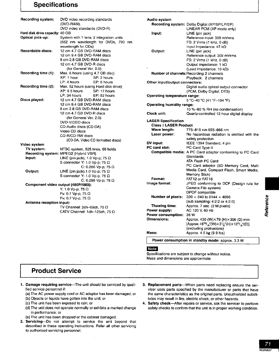 Pecitications, Product service | Panasonic DMR-T3040 User Manual | Page 71 / 72