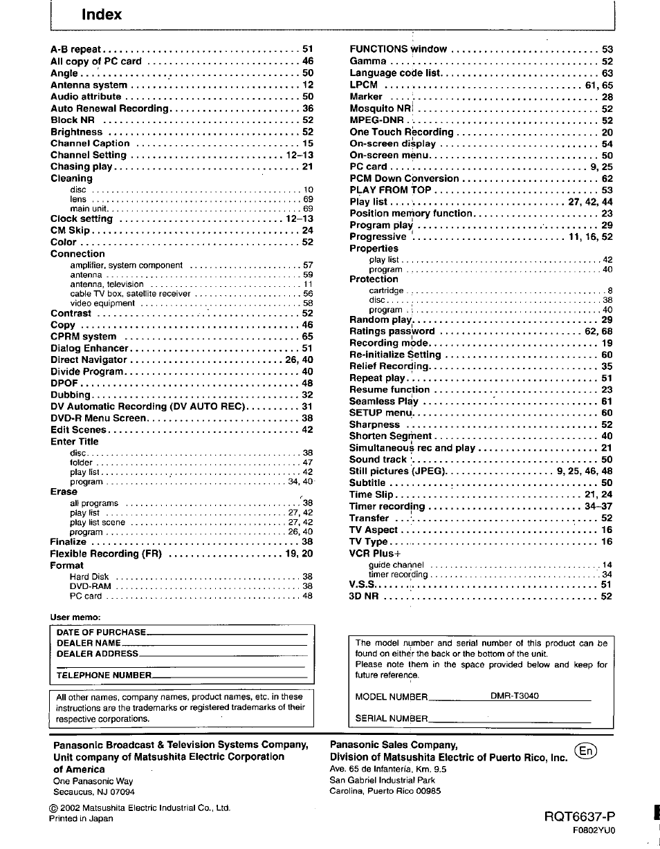 Index, Rqt6637-p | Panasonic DMR-T3040 User Manual | Page 72 / 72