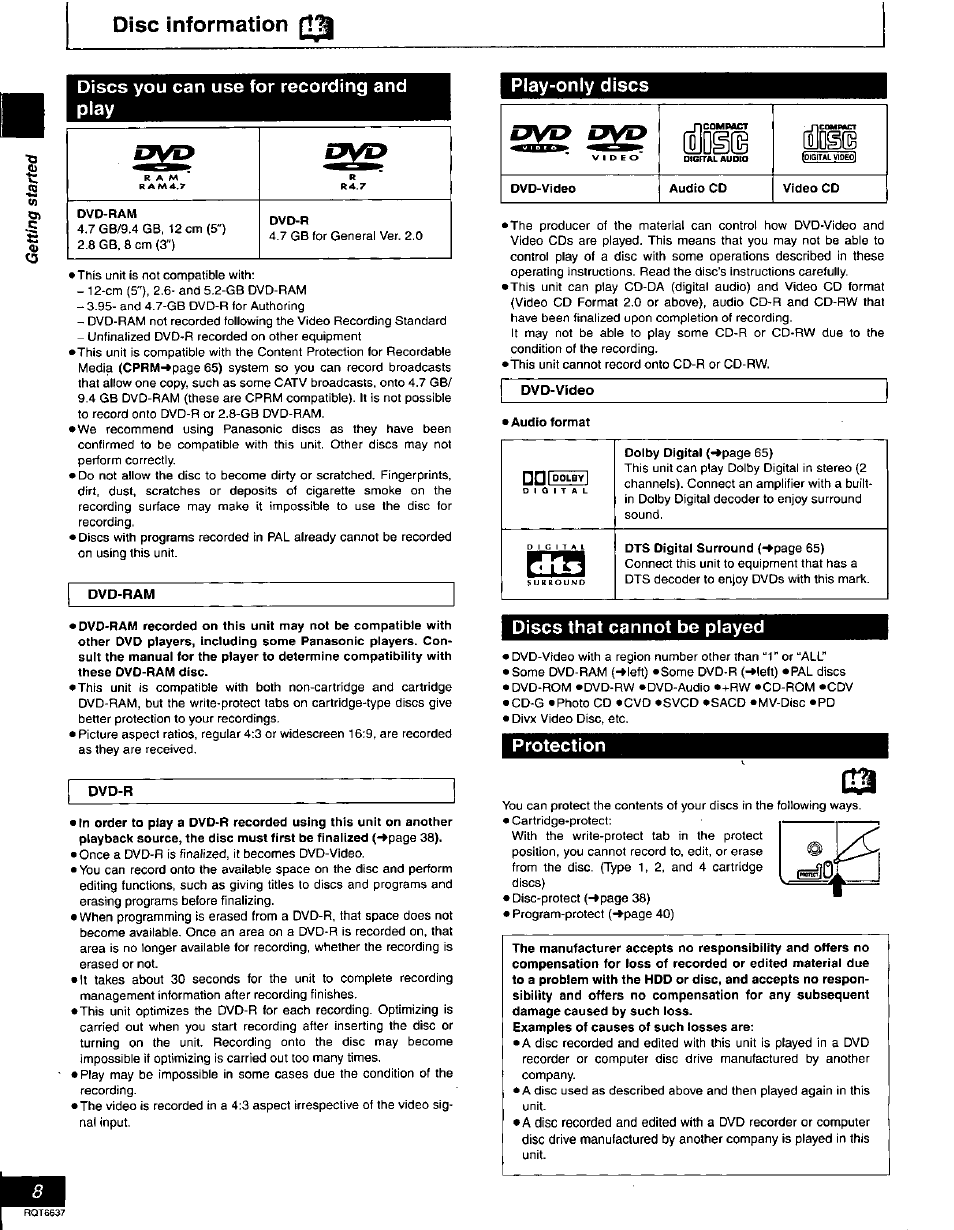 Disc information, Discs you can use for recording and play, Play-only discs | Discs that cannot be played, Protection, Playing discs, Jopl, Protection [3 | Panasonic DMR-T3040 User Manual | Page 8 / 72
