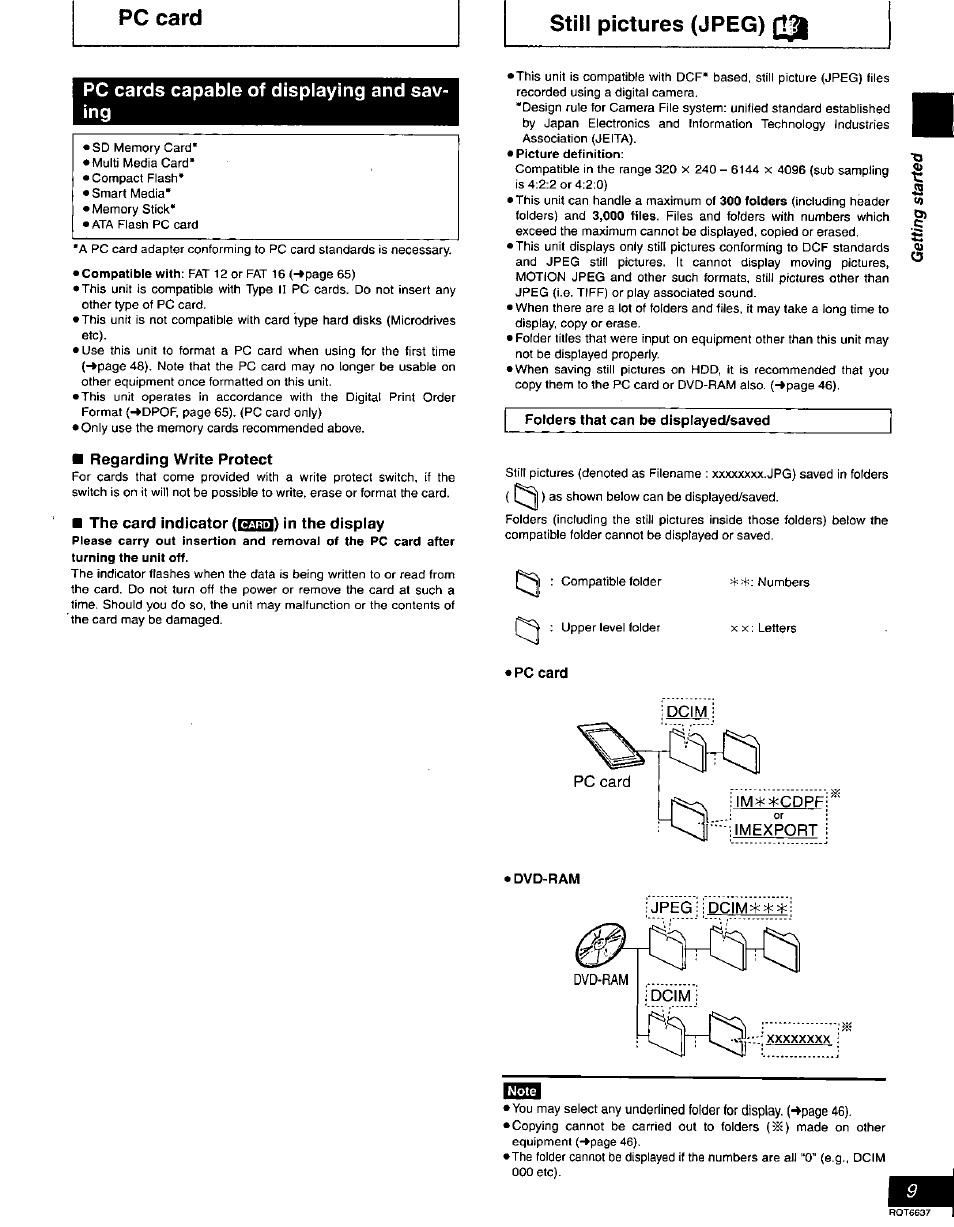 Pc cards capable of displaying and saving, Regarding write protect, The card indicator (^23) in the display | Still pictures (jpeg), Folders that can be displayed/saved, Pc card, Dvd-ram, Pc card still pictures (jpeg) | Panasonic DMR-T3040 User Manual | Page 9 / 72