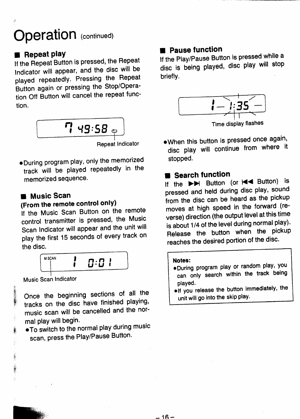 Repeat play, Music scan, N.n i | Pause function, Search function, Operation, Ws ss, I-3 s | Panasonic SL-XP505 User Manual | Page 16 / 20