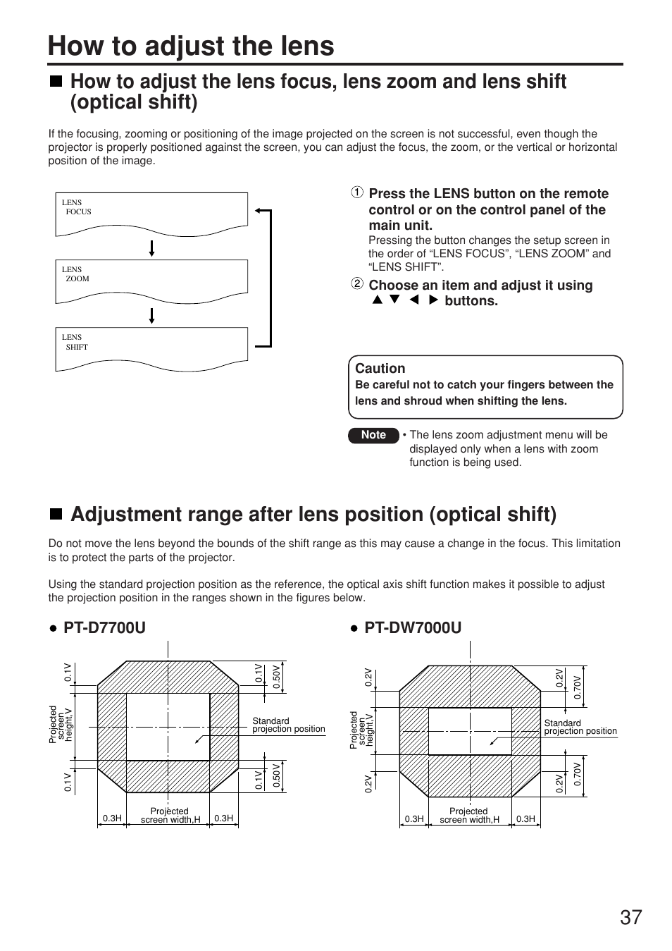 How to adjust the lens, Pt-d7700u, Pt-dw7000u | Choose an item and adjust it using buttons, Caution | Panasonic PT-DW7000U User Manual | Page 37 / 116