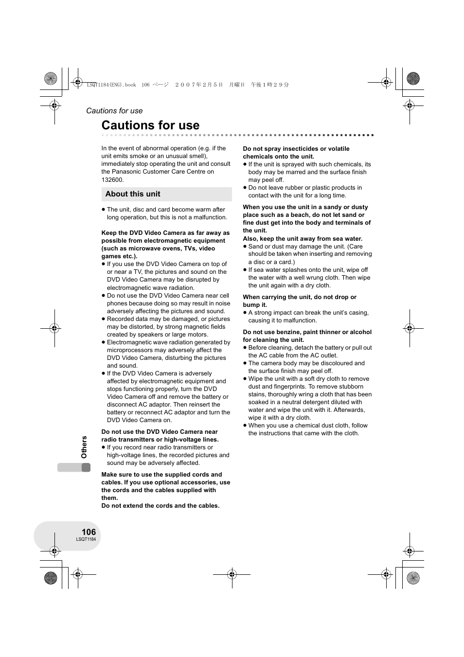 Cautions for use | Panasonic VDR-D160GN User Manual | Page 106 / 116