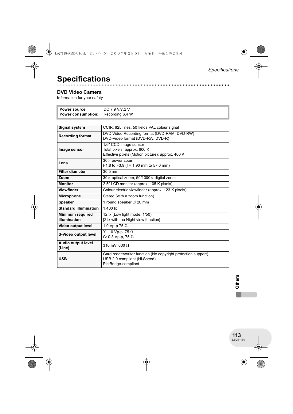 Specifications | Panasonic VDR-D160GN User Manual | Page 113 / 116