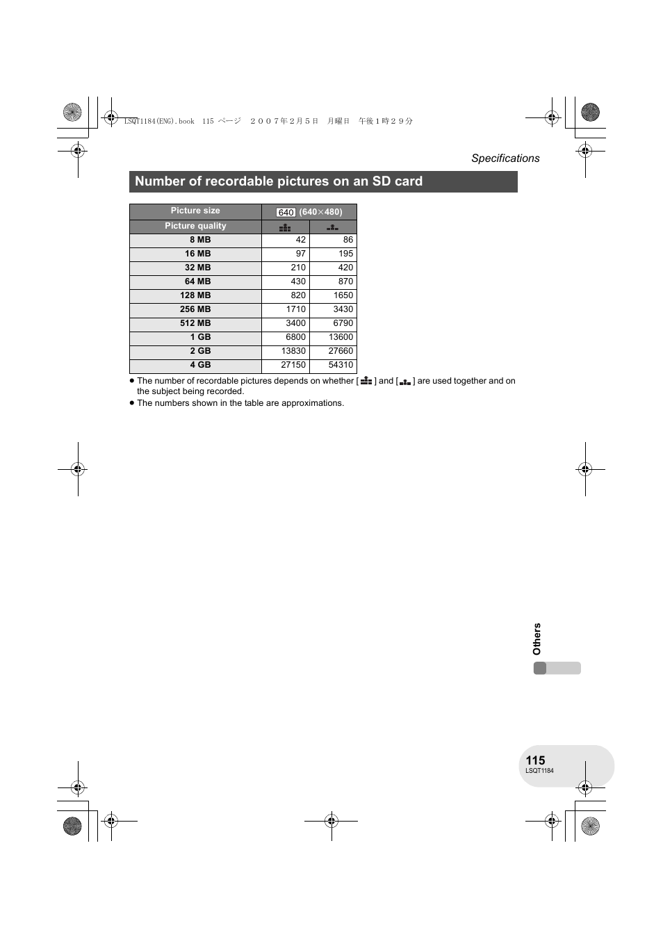 Number of recordable pictures on an sd card | Panasonic VDR-D160GN User Manual | Page 115 / 116