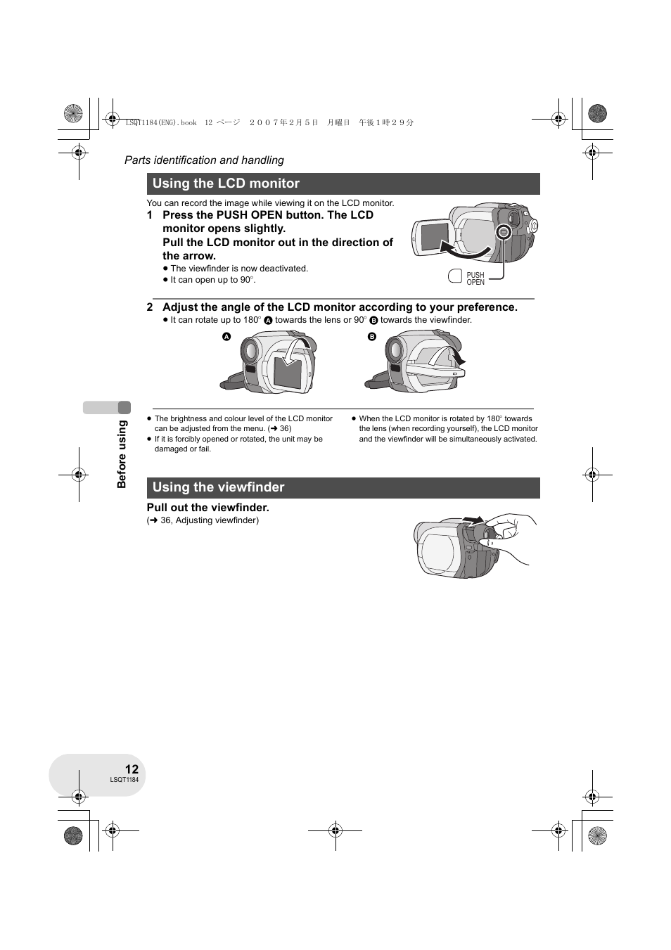 Using the lcd monitor, Using the viewfinder | Panasonic VDR-D160GN User Manual | Page 12 / 116