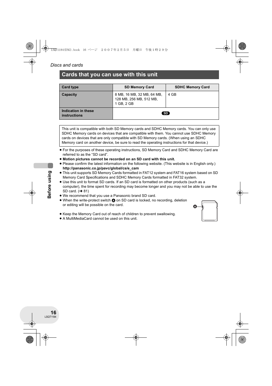 Cards that you can use with this unit | Panasonic VDR-D160GN User Manual | Page 16 / 116