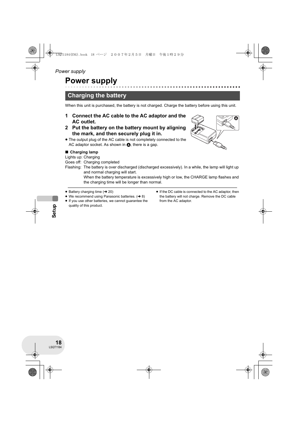 Power supply, Charging the battery | Panasonic VDR-D160GN User Manual | Page 18 / 116