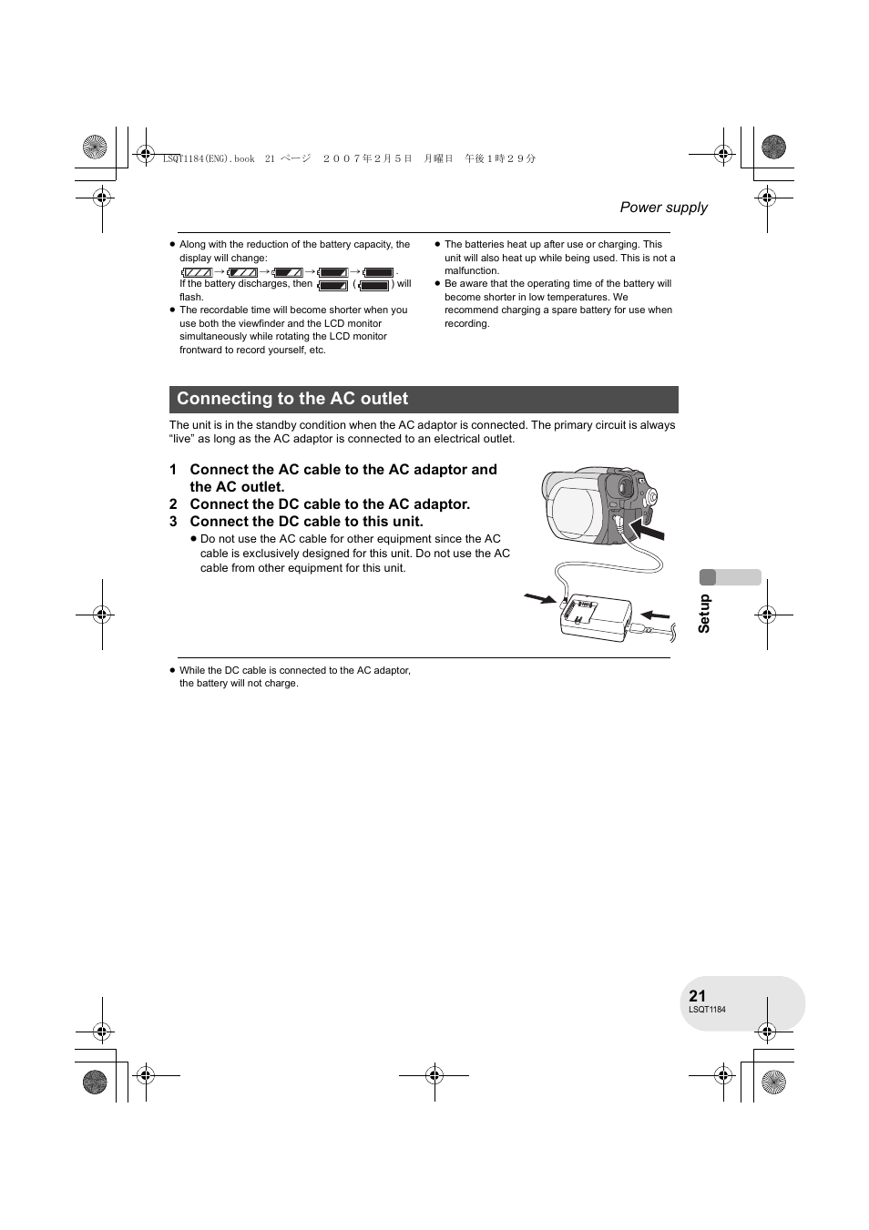 Connecting to the ac outlet | Panasonic VDR-D160GN User Manual | Page 21 / 116