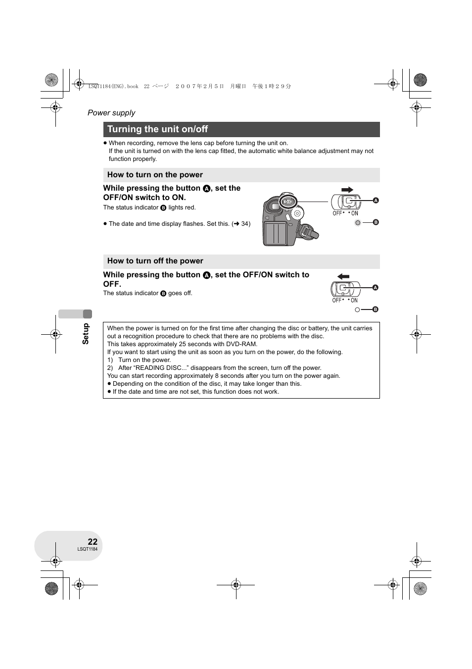 Turning the unit on/off | Panasonic VDR-D160GN User Manual | Page 22 / 116