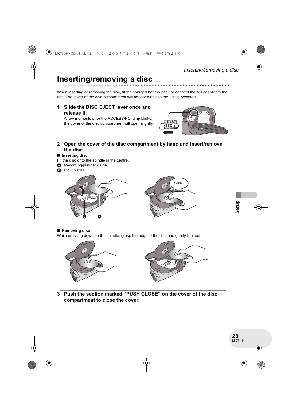 Inserting/removing a disc | Panasonic VDR-D160GN User Manual | Page 23 / 116