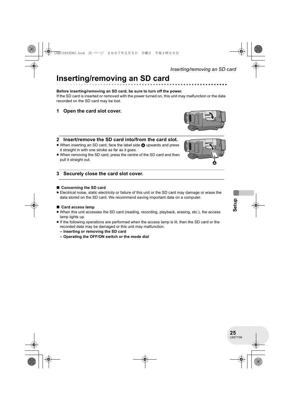 Inserting/removing an sd card | Panasonic VDR-D160GN User Manual | Page 25 / 116