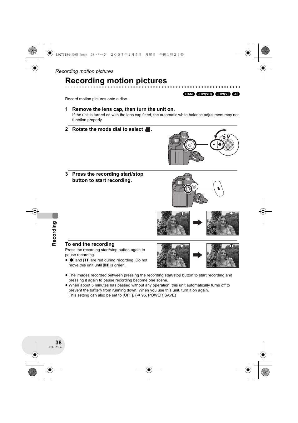 Recording motion pictures | Panasonic VDR-D160GN User Manual | Page 38 / 116