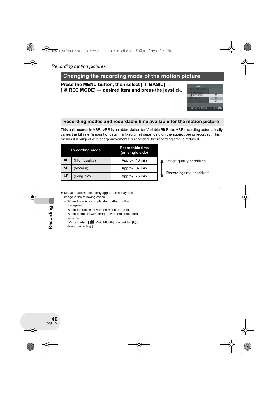 Changing the recording mode of the motion picture | Panasonic VDR-D160GN User Manual | Page 40 / 116