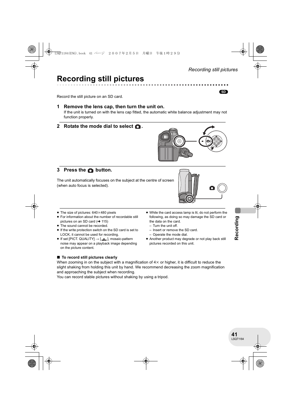 Recording still pictures | Panasonic VDR-D160GN User Manual | Page 41 / 116