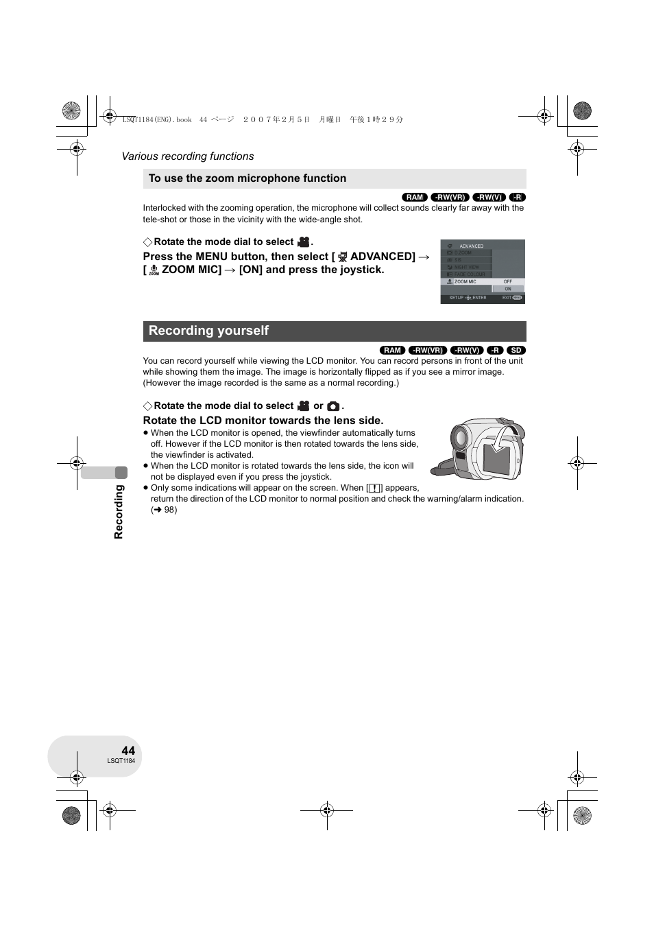 Recording yourself | Panasonic VDR-D160GN User Manual | Page 44 / 116