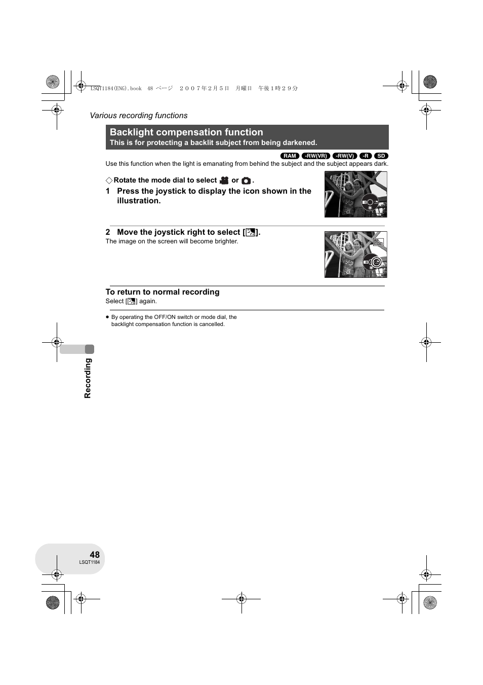 Backlight compensation function | Panasonic VDR-D160GN User Manual | Page 48 / 116