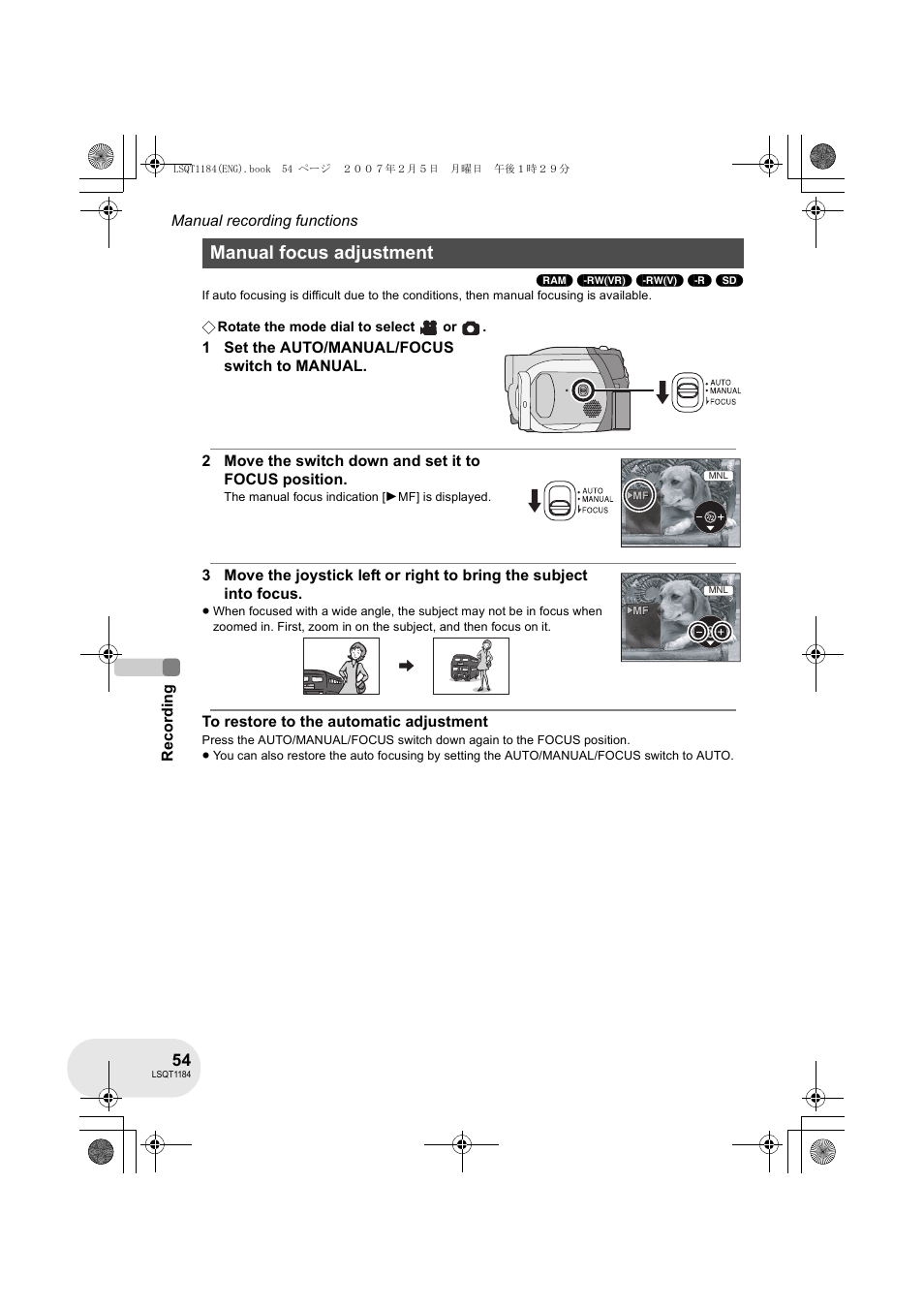 Manual focus adjustment | Panasonic VDR-D160GN User Manual | Page 54 / 116