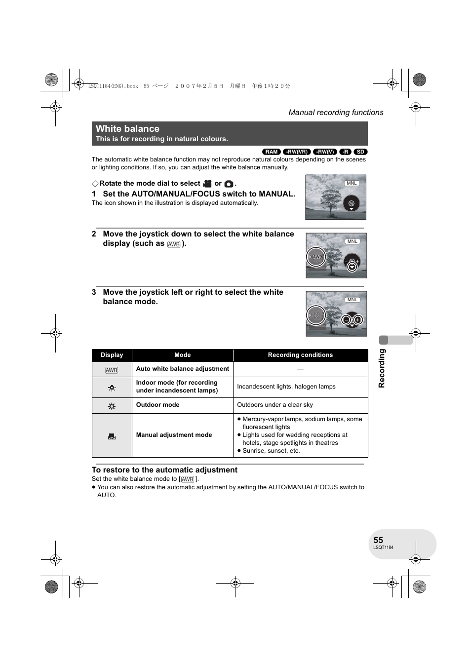 White balance | Panasonic VDR-D160GN User Manual | Page 55 / 116