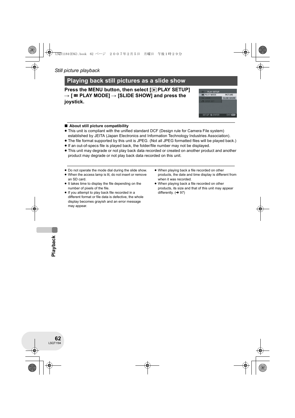 Playing back still pictures as a slide show | Panasonic VDR-D160GN User Manual | Page 62 / 116