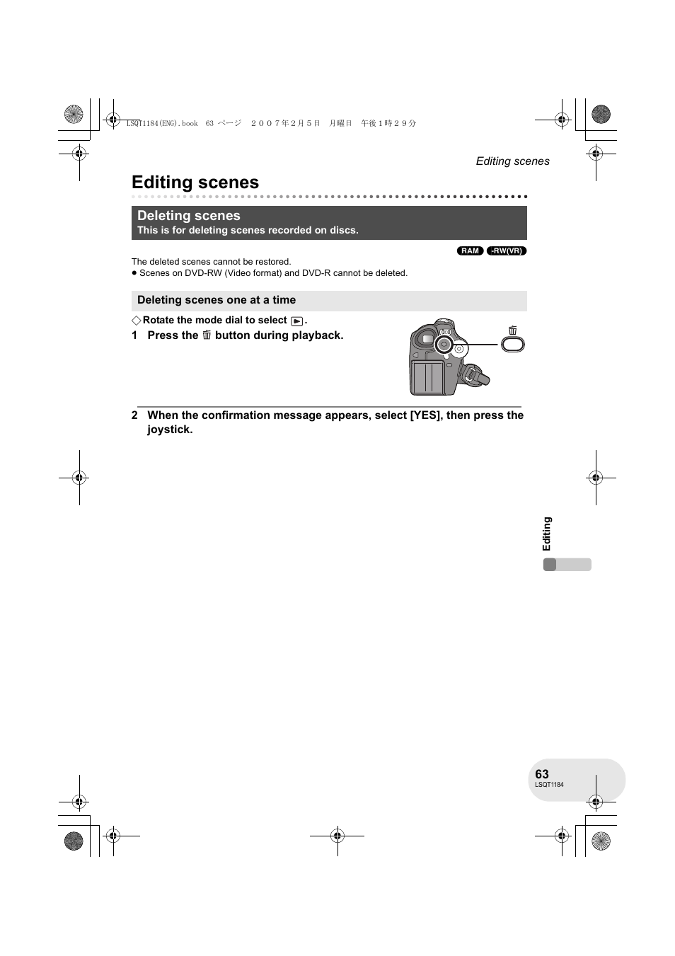 Editing scenes, Deleting scenes | Panasonic VDR-D160GN User Manual | Page 63 / 116