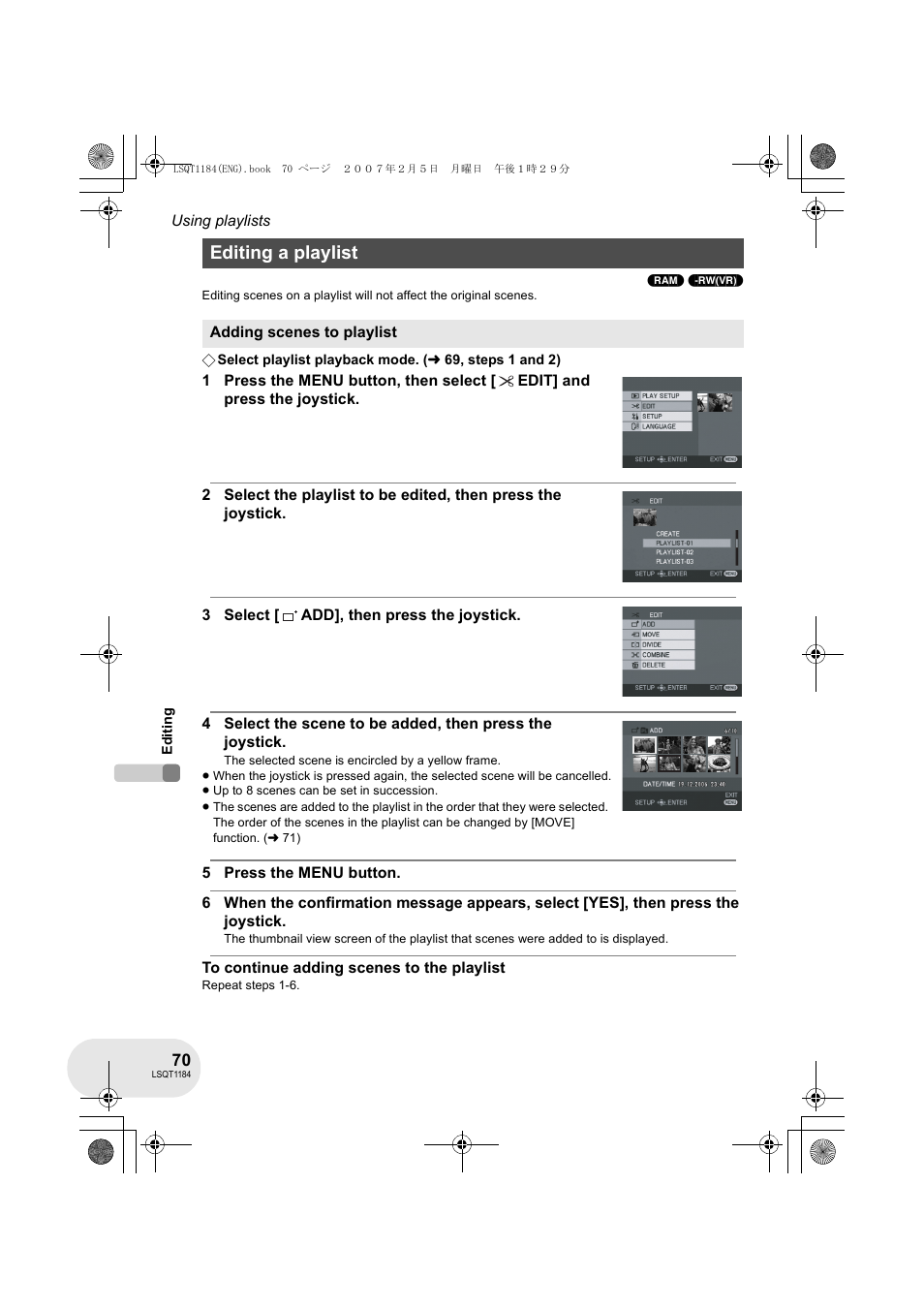 Editing a playlist | Panasonic VDR-D160GN User Manual | Page 70 / 116