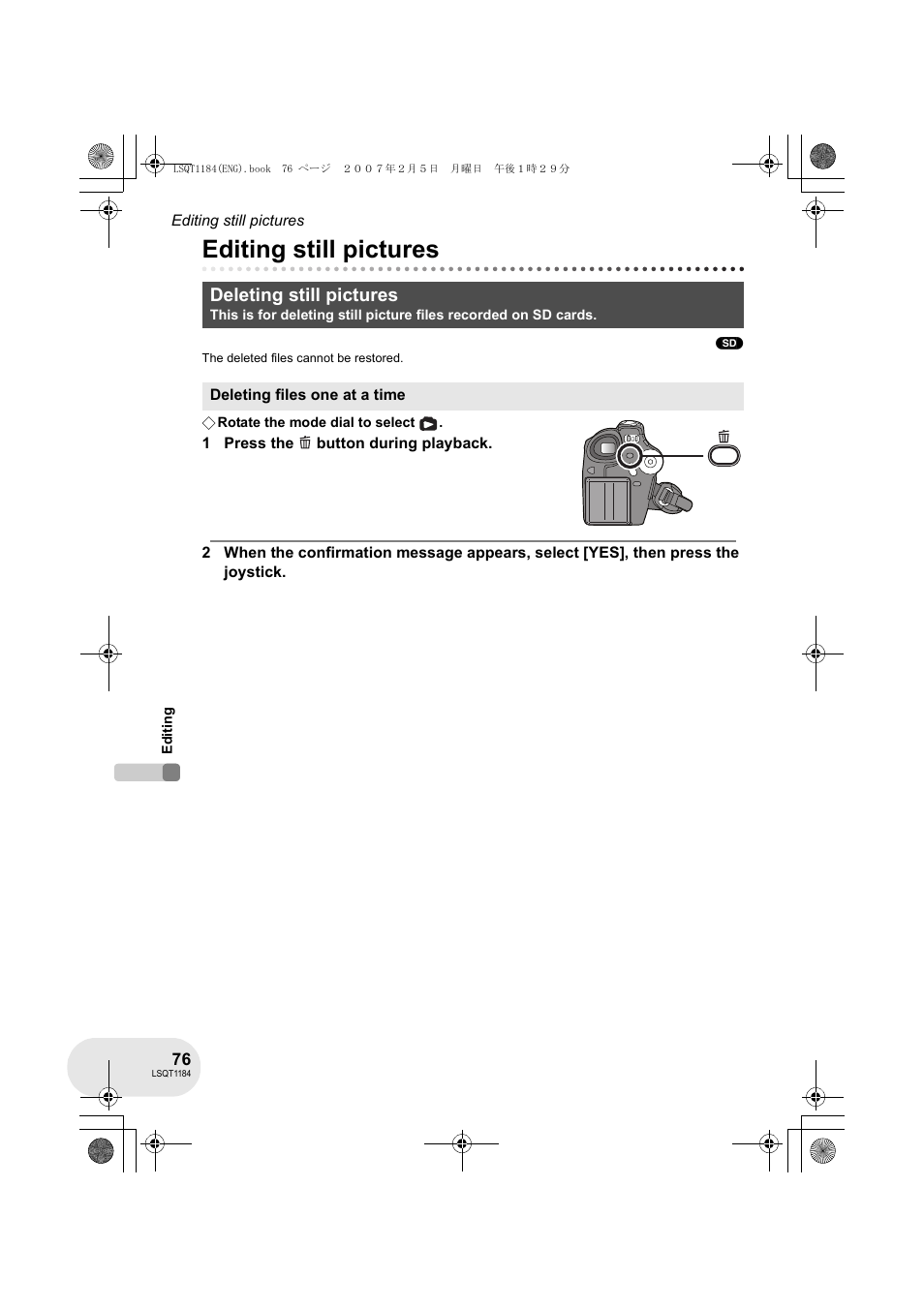 Editing still pictures, Deleting still pictures | Panasonic VDR-D160GN User Manual | Page 76 / 116