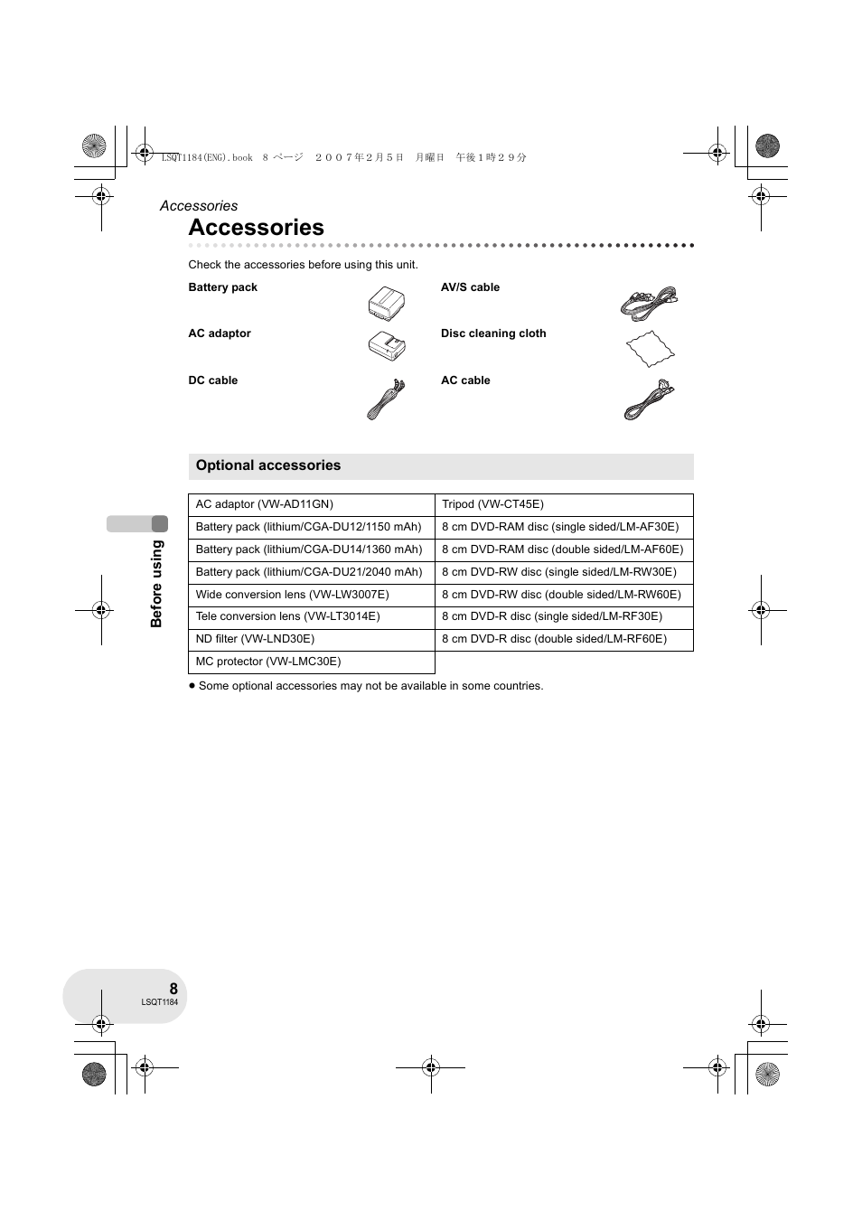 Accessories | Panasonic VDR-D160GN User Manual | Page 8 / 116