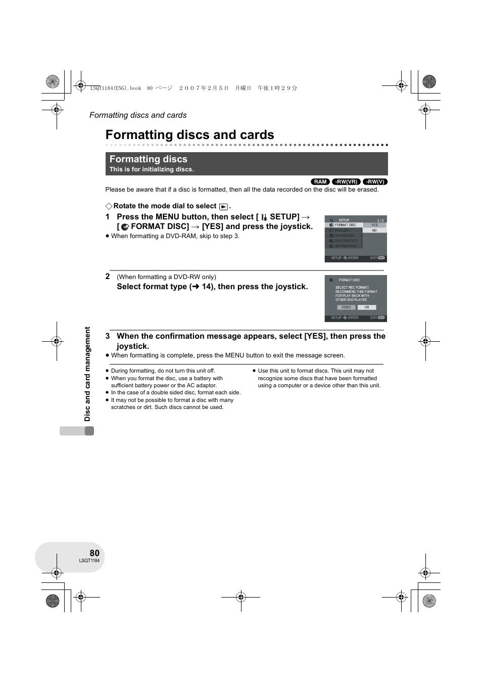 Formatting discs and cards, Formatting discs | Panasonic VDR-D160GN User Manual | Page 80 / 116