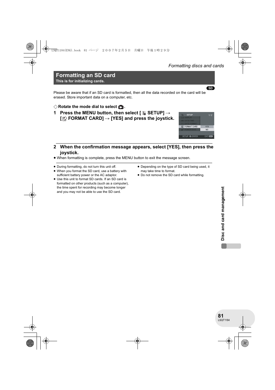 Formatting an sd card | Panasonic VDR-D160GN User Manual | Page 81 / 116