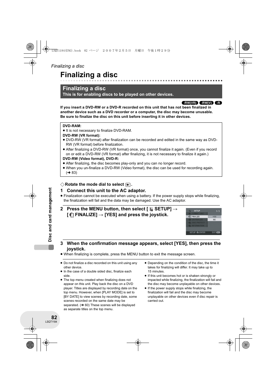 Finalizing a disc | Panasonic VDR-D160GN User Manual | Page 82 / 116