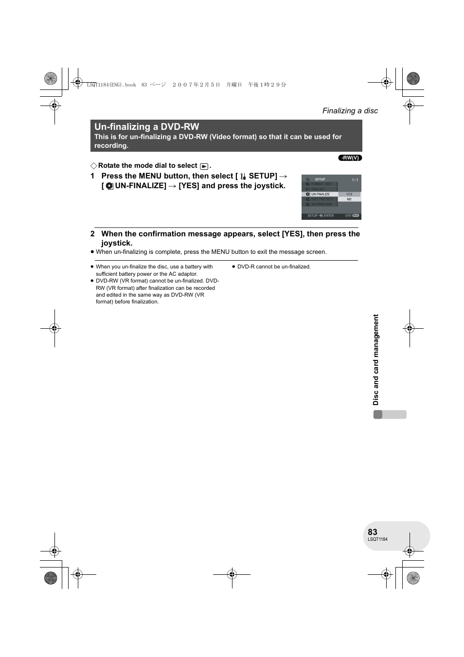 Un-finalizing a dvd-rw | Panasonic VDR-D160GN User Manual | Page 83 / 116