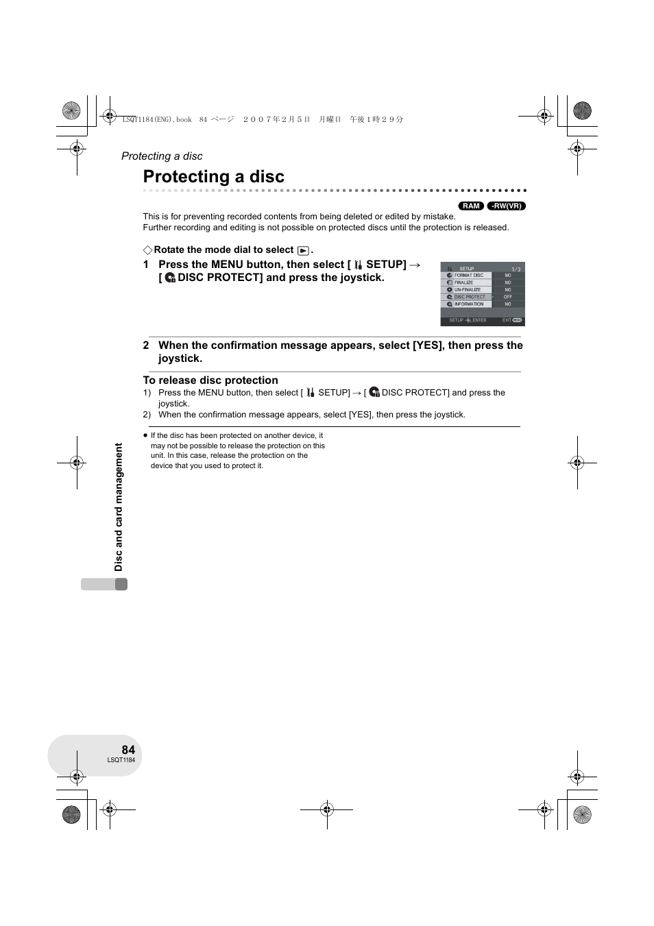 Protecting a disc | Panasonic VDR-D160GN User Manual | Page 84 / 116