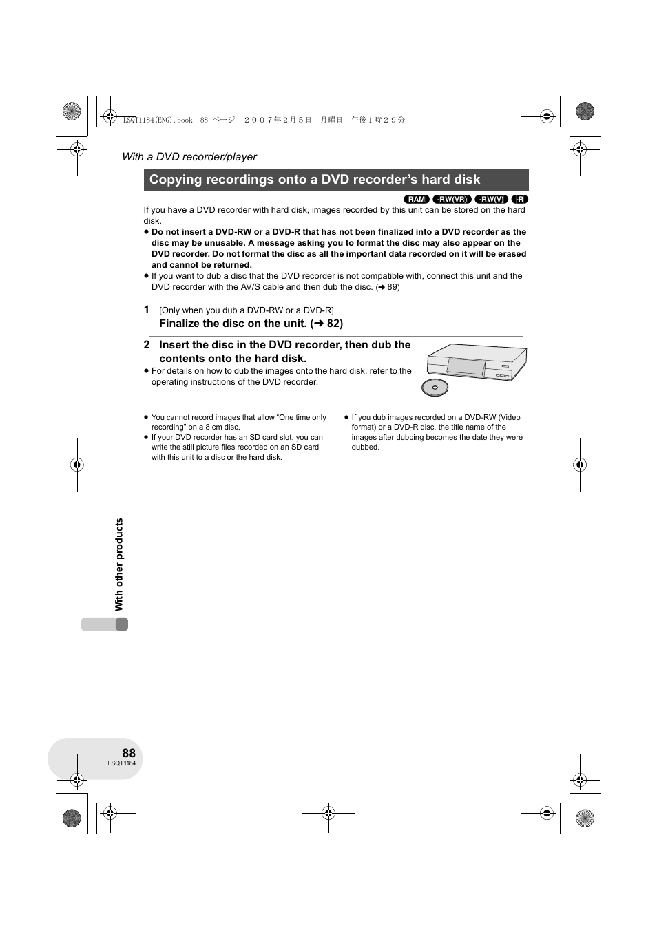 Copying recordings onto a dvd recorder’s hard disk | Panasonic VDR-D160GN User Manual | Page 88 / 116