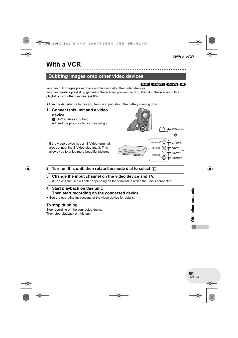 With a vcr, Dubbing images onto other video devices | Panasonic VDR-D160GN User Manual | Page 89 / 116