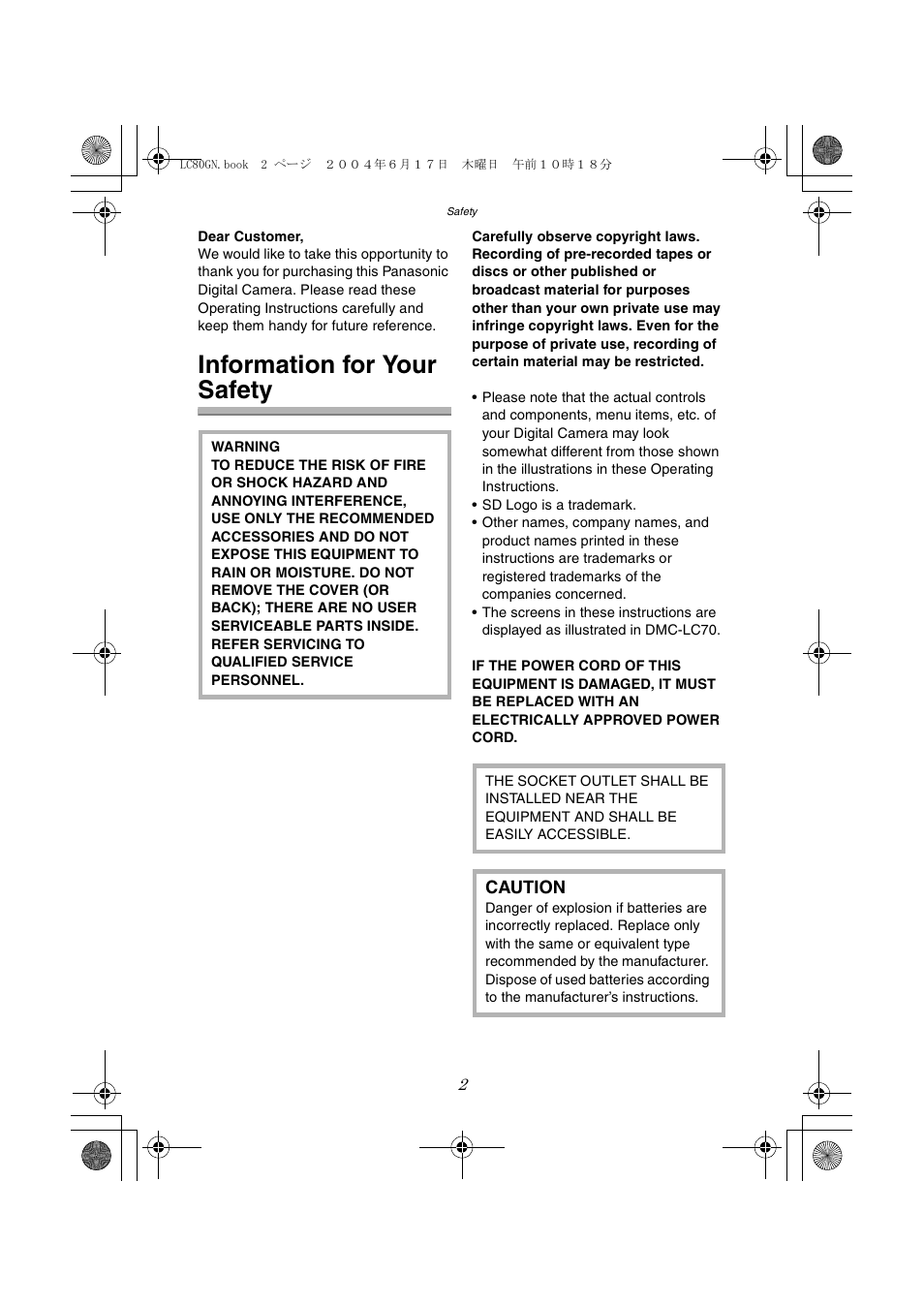 Information for your safety, Caution | Panasonic DMC-LC50GN User Manual | Page 2 / 100