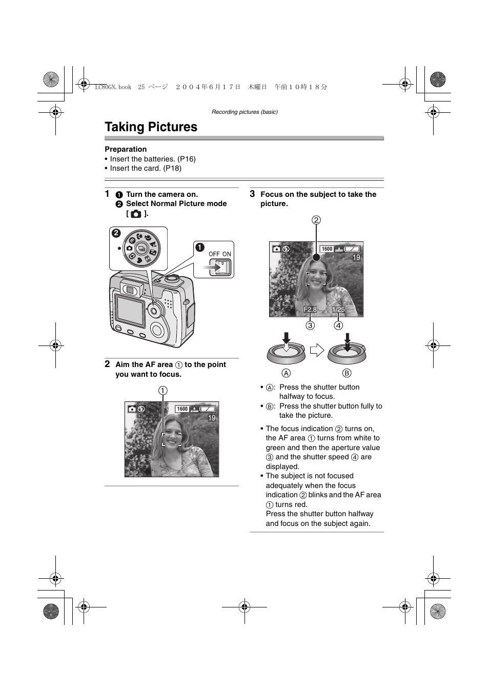 Taking pictures | Panasonic DMC-LC50GN User Manual | Page 25 / 100