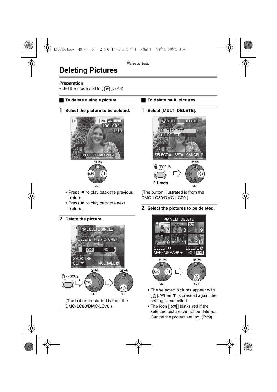 Deleting pictures | Panasonic DMC-LC50GN User Manual | Page 43 / 100