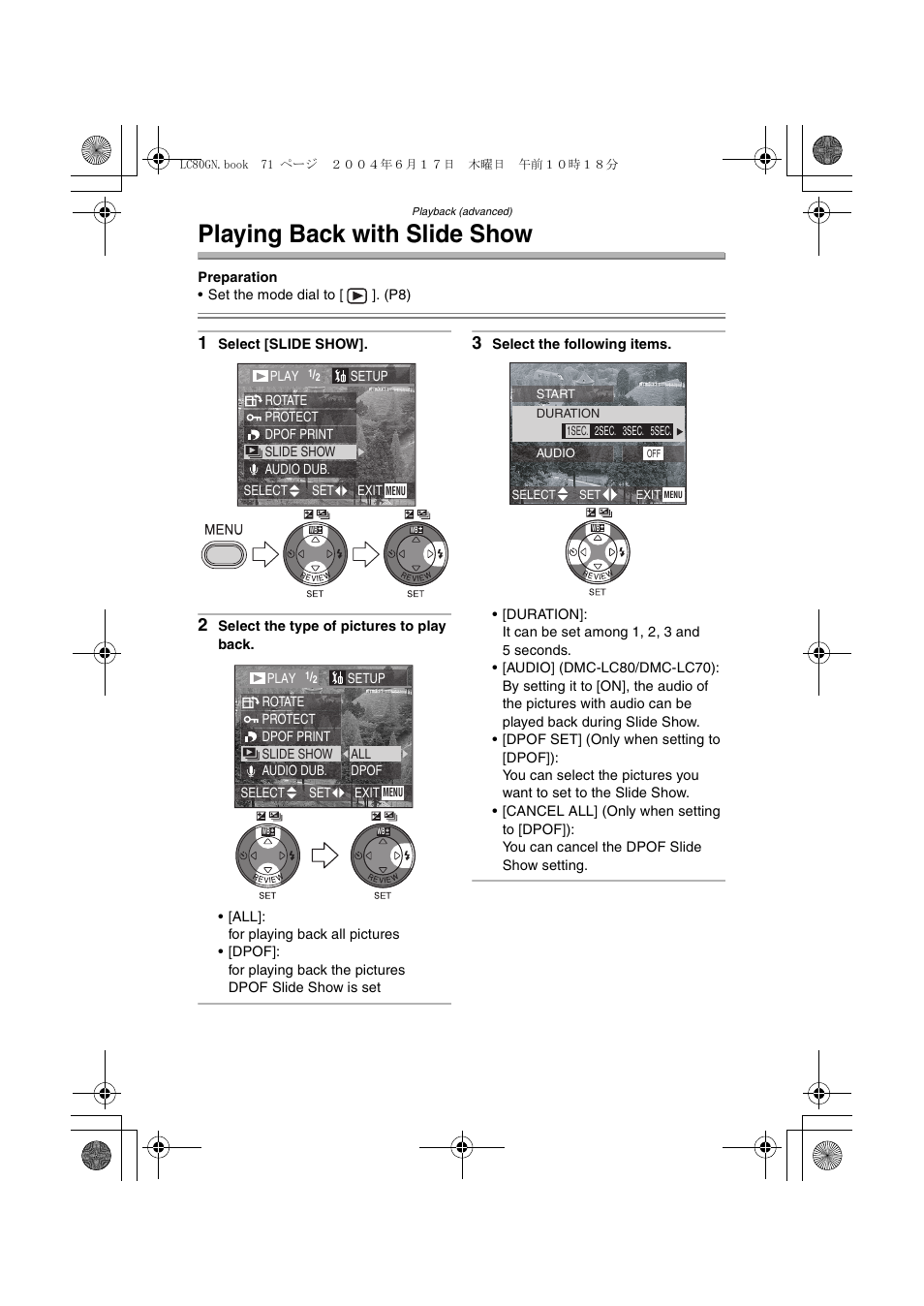 Playing back with slide show | Panasonic DMC-LC50GN User Manual | Page 71 / 100