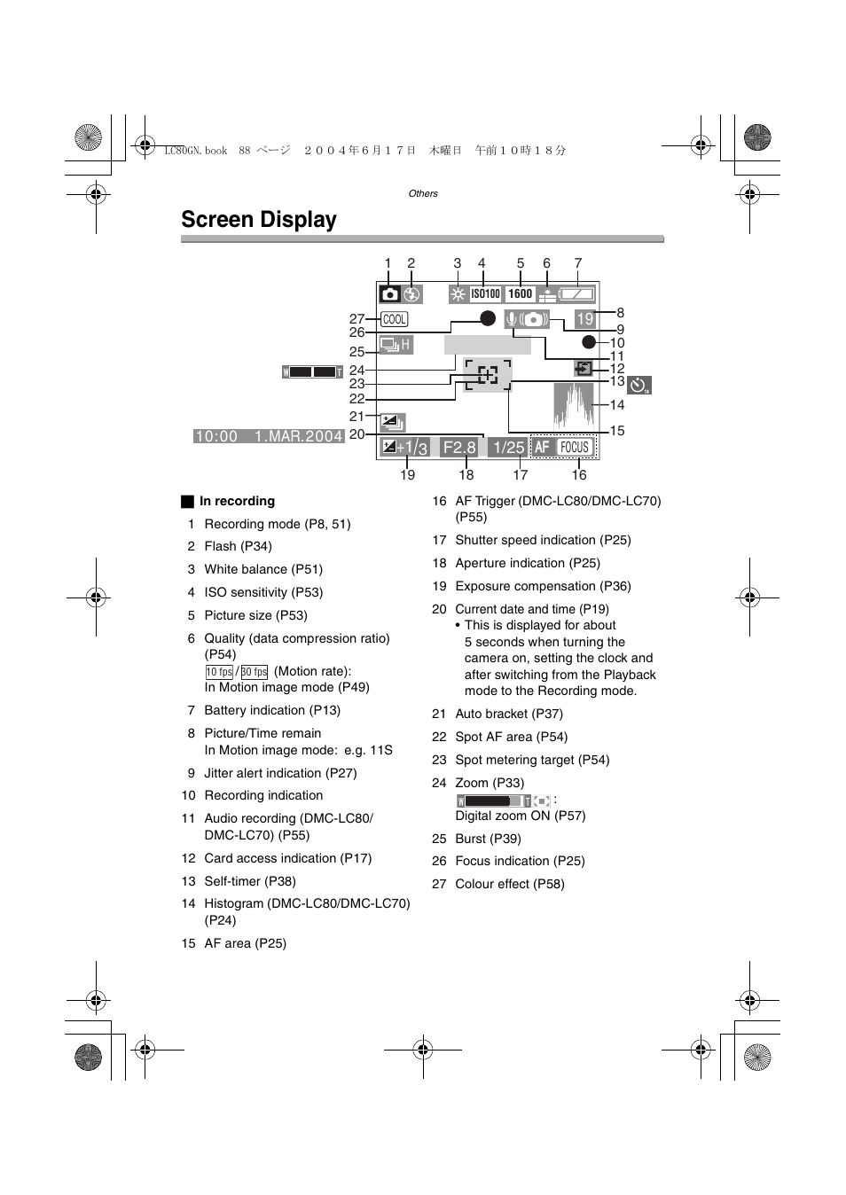 Screen display | Panasonic DMC-LC50GN User Manual | Page 88 / 100