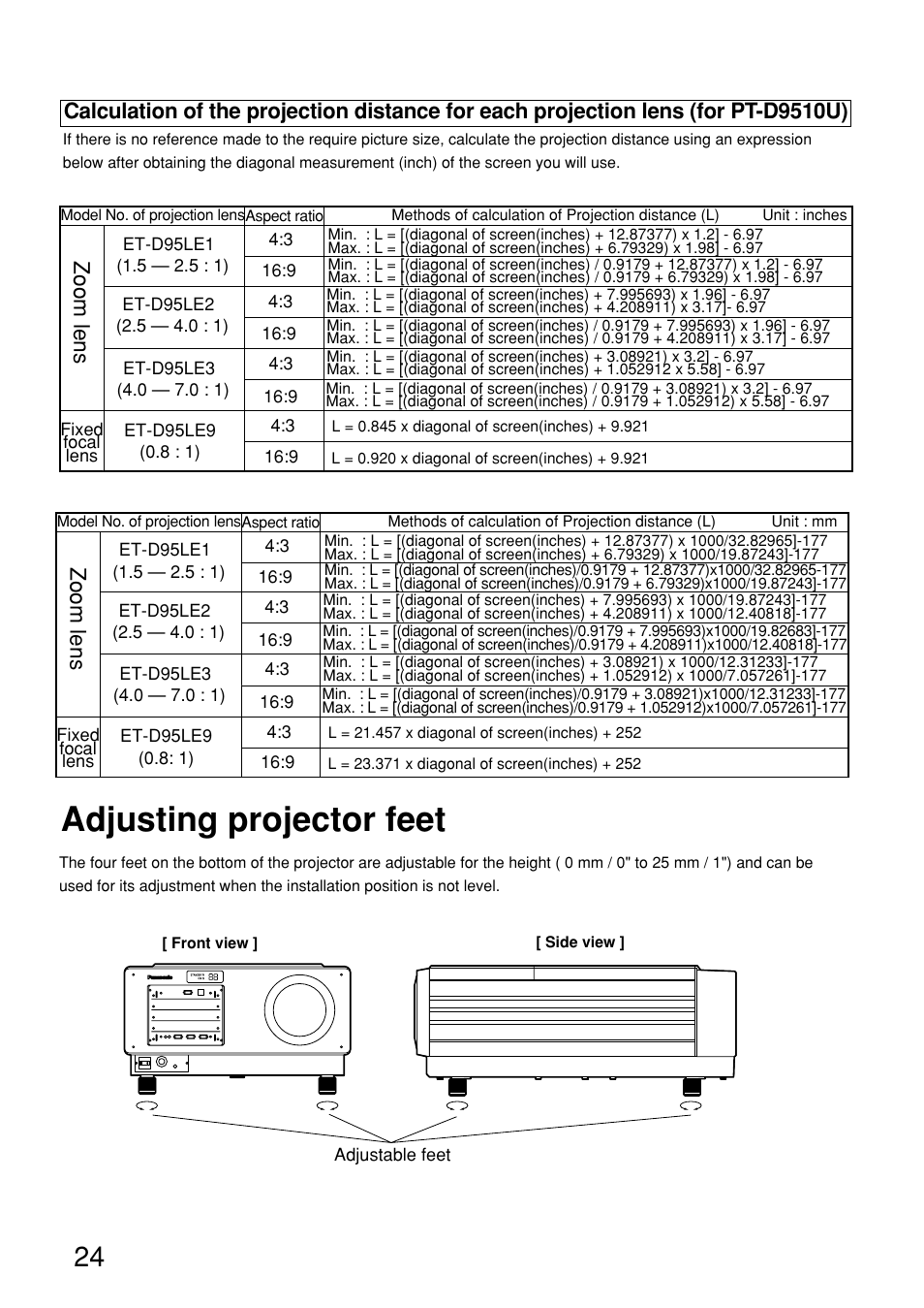 Adjusting projector feet, Zoom lens | Panasonic PT-D9610U User Manual | Page 24 / 100