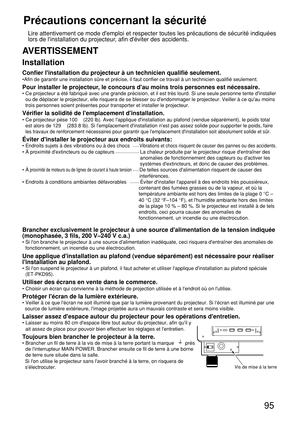 Precautions concernant la securite, Précautions concernant la sécurité, Avertissement | Installation | Panasonic PT-D9610U User Manual | Page 95 / 100