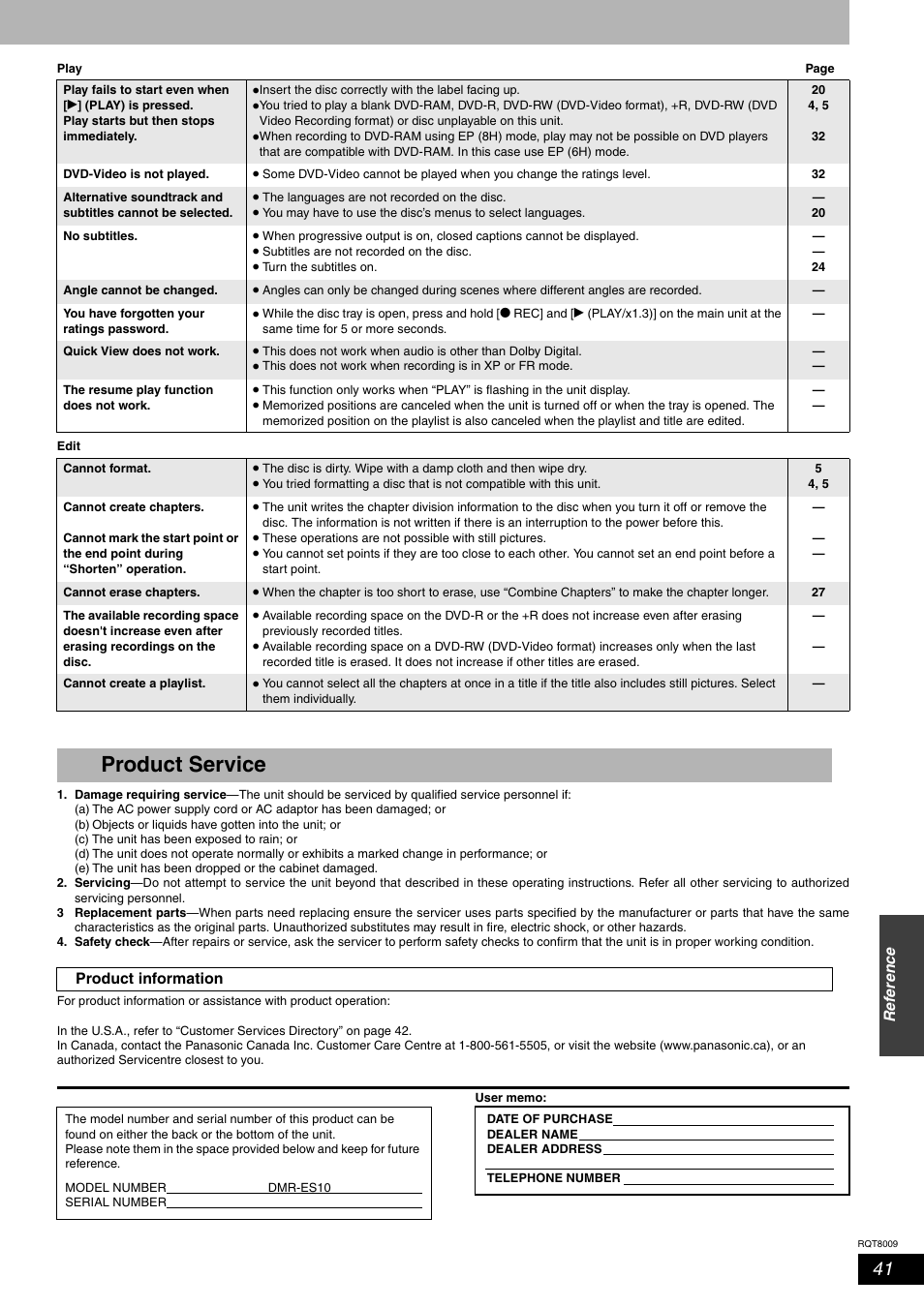 Product service | Panasonic DMR-ES10 User Manual | Page 41 / 48